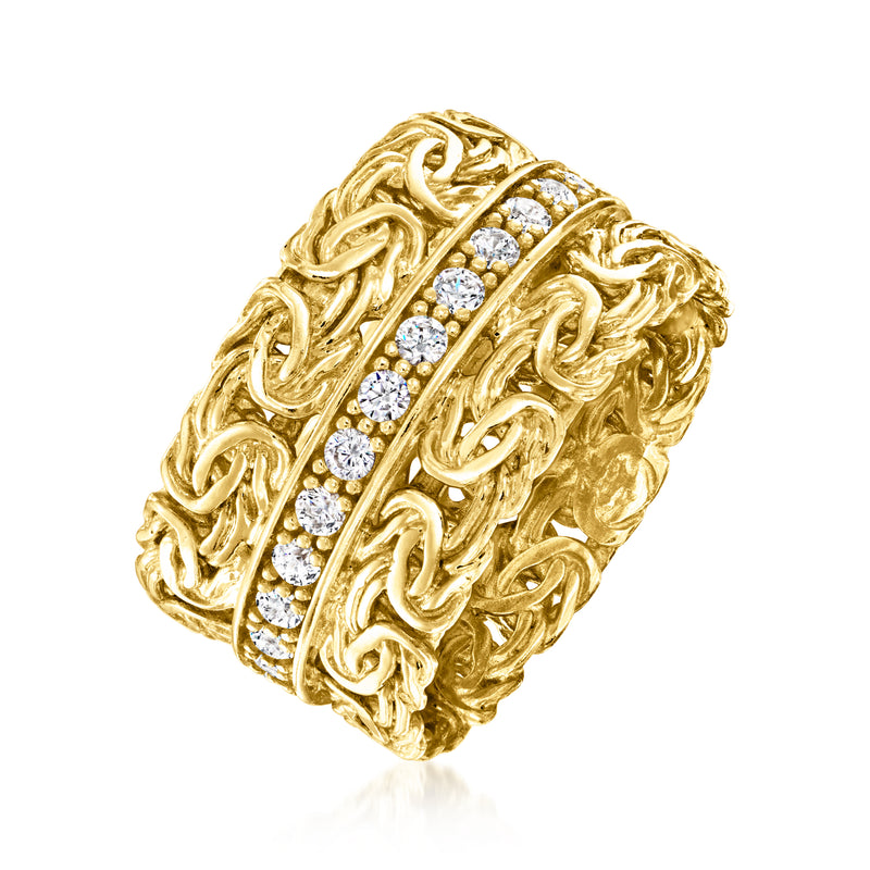 Gold Byzantine-style CZ ring side view with sparkling round stone band