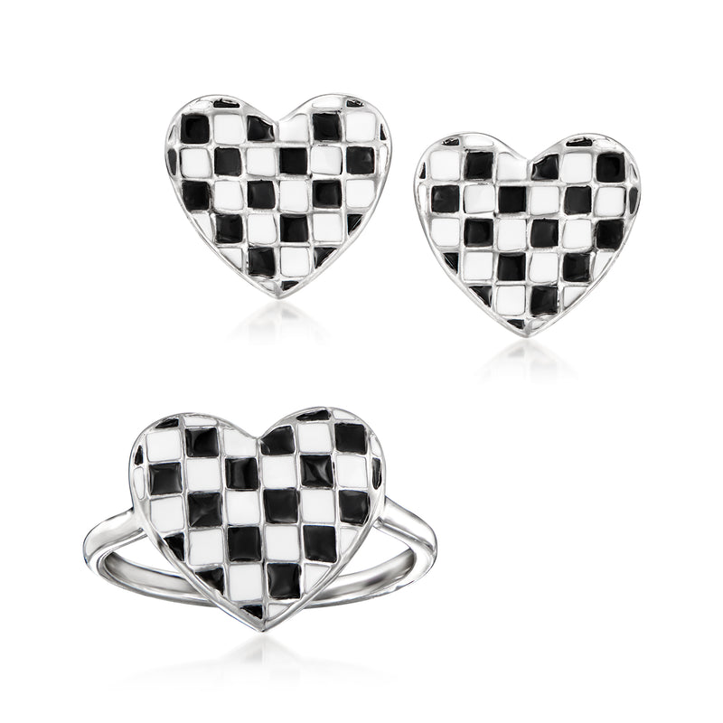 Sterling silver heart jewelry set with checkered black-and-white enamel earrings and ring