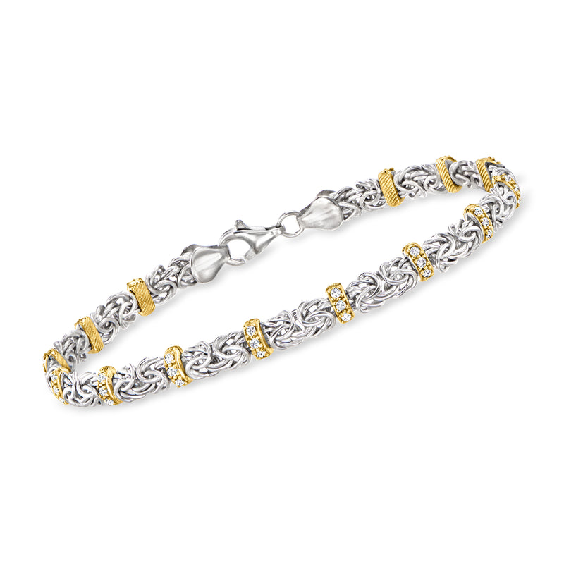 Sterling silver Byzantine CZ bracelet with gold over silver accents and chain links