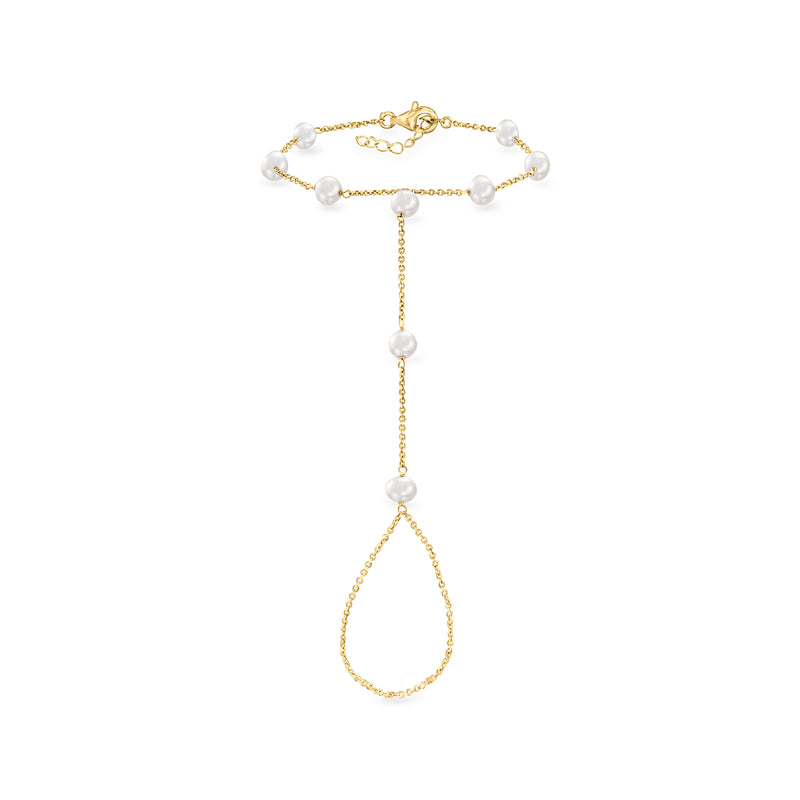 Gold hand chain bracelet with round cultured pearls and a dangling teardrop pearl charm