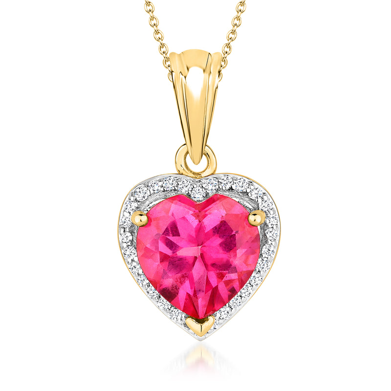 Heart pendant necklace with pink topaz, white stone halo, and gold-tone bail
