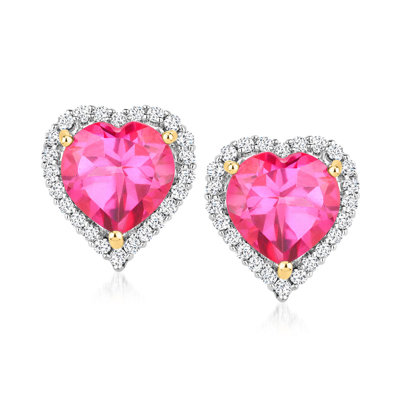 Pink heart topaz stud earrings with diamond-look halo in gold-tone and white stones