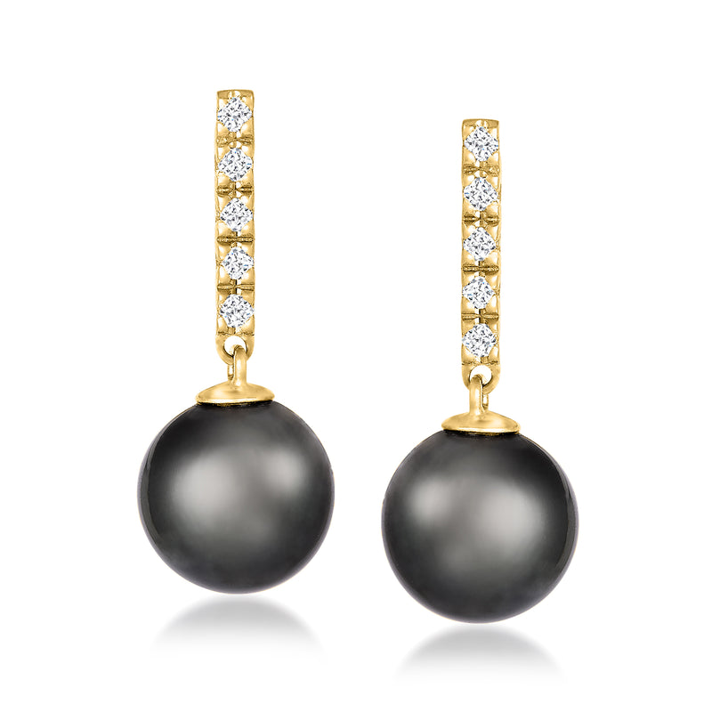 Black cultured pearl drop earrings with diamond accents in 14kt yellow gold