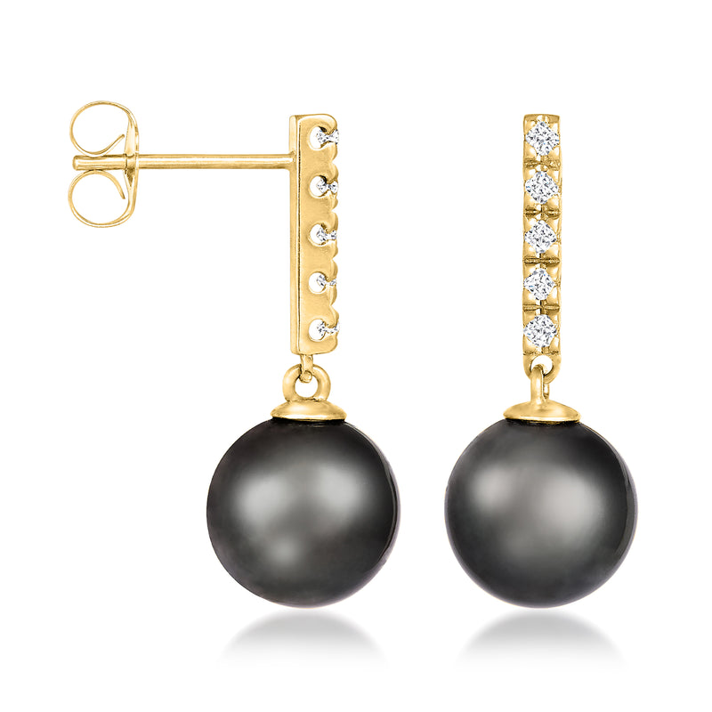 Black cultured pearl drop earrings with diamond-set 14kt yellow gold posts