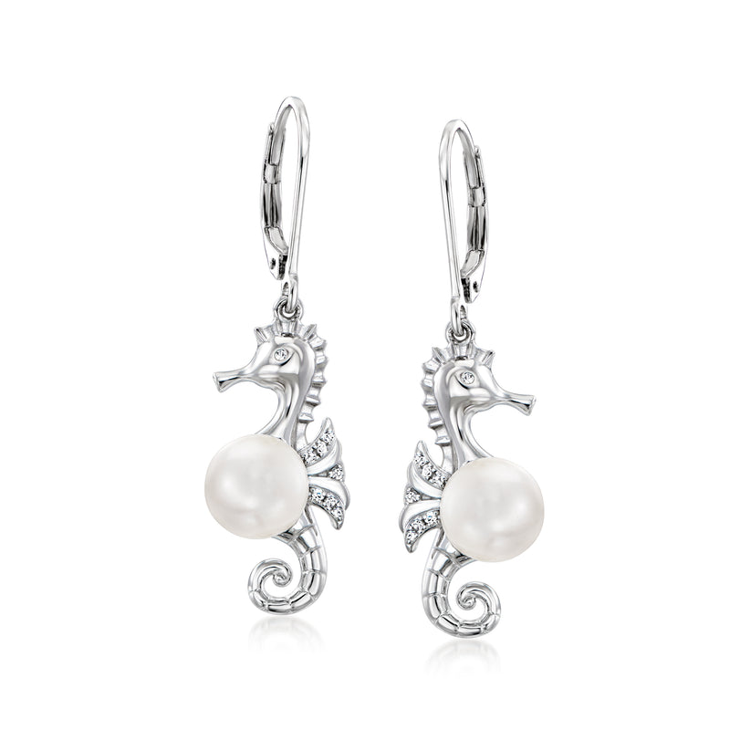 Sterling silver seahorse drop earrings with leverback, round cultured pearl