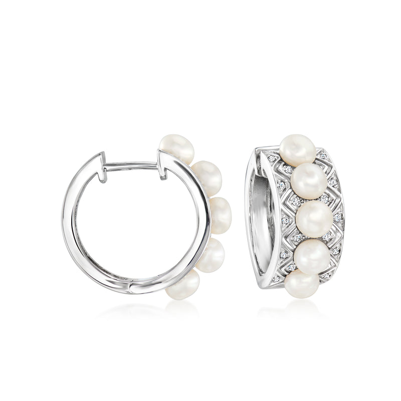 Sterling silver hoop earrings with cultured pearls and round diamond accents