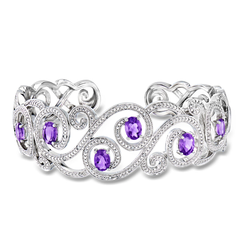 Sterling silver swirl cuff bracelet with oval amethyst and clear stone accents