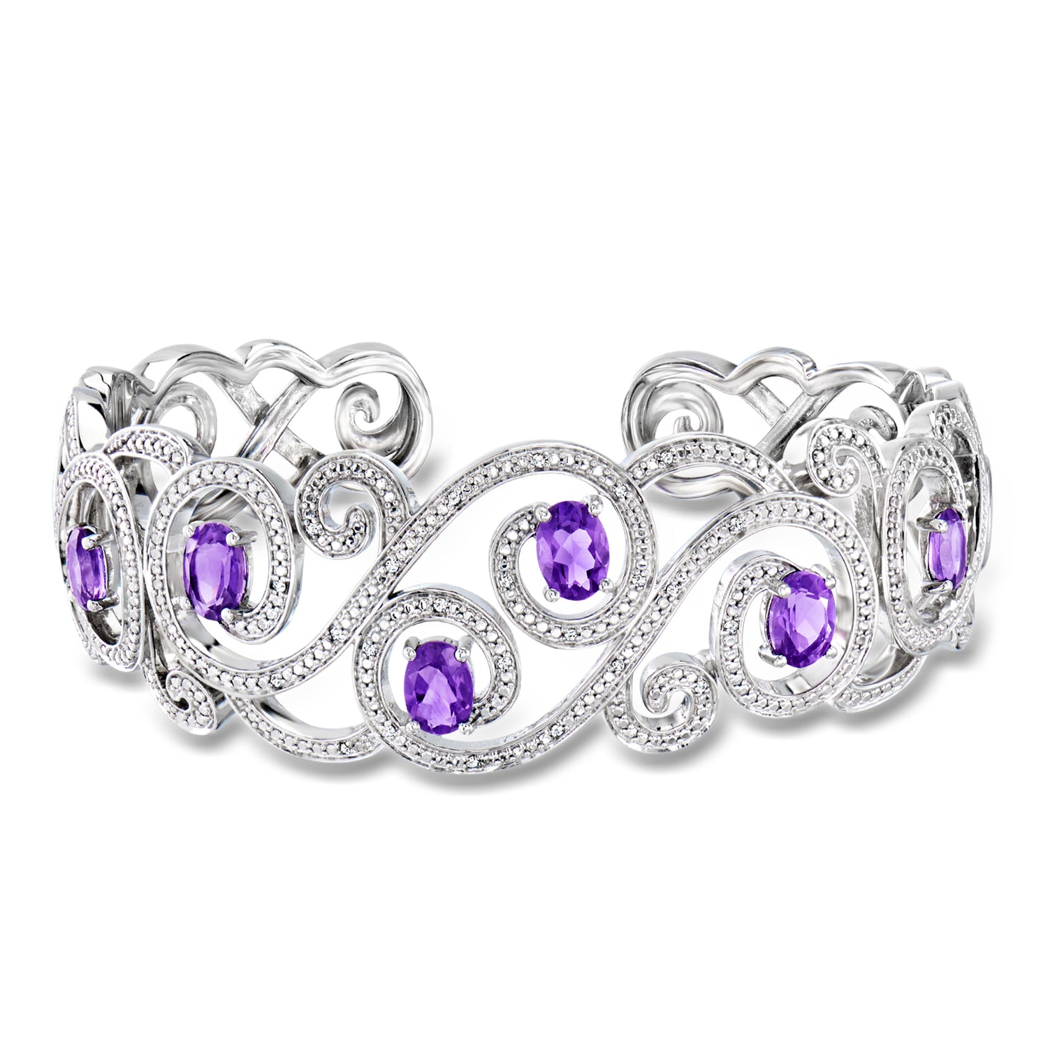 3.80 ct. t.w. Amethyst and .10 ct. t.w. White Topaz Swirl Cuff Bracelet in Sterling Silver