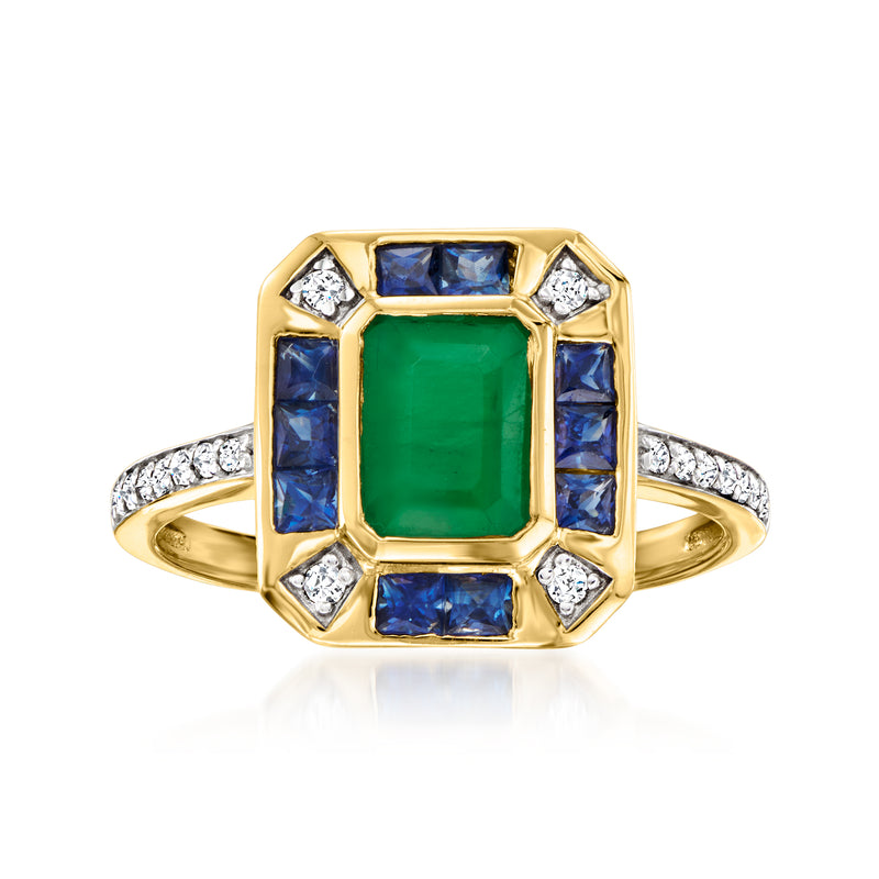 14kt yellow gold ring: emerald center, blue sapphires, diamond accents