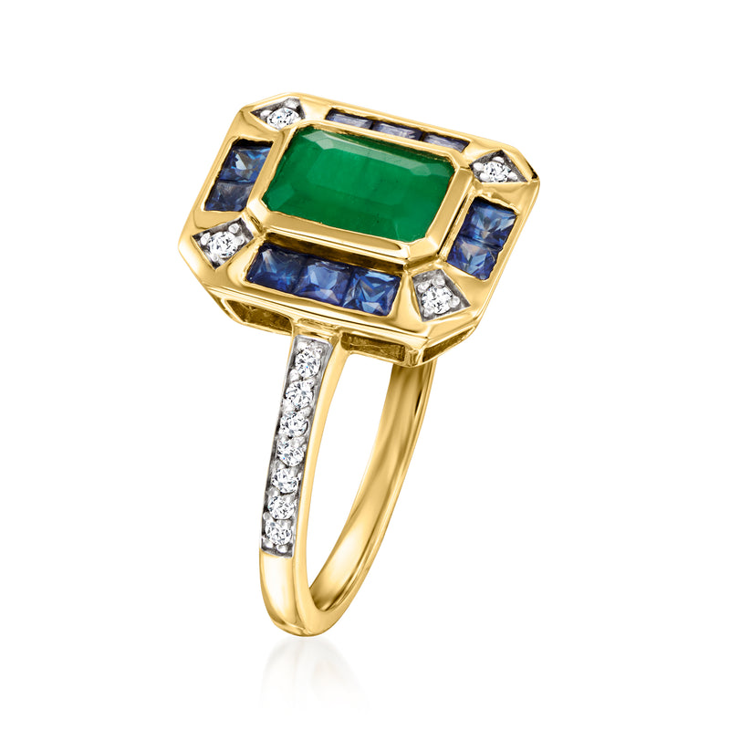 14kt yellow gold ring with emerald center and blue sapphire side stones, diamond accents