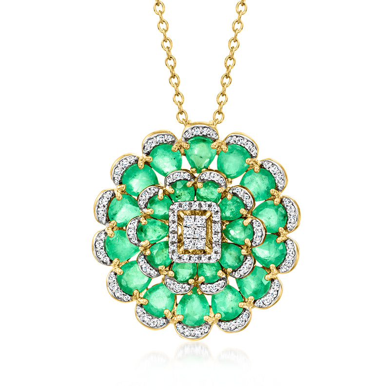 Emerald and white topaz flower pendant necklace in gold over sterling