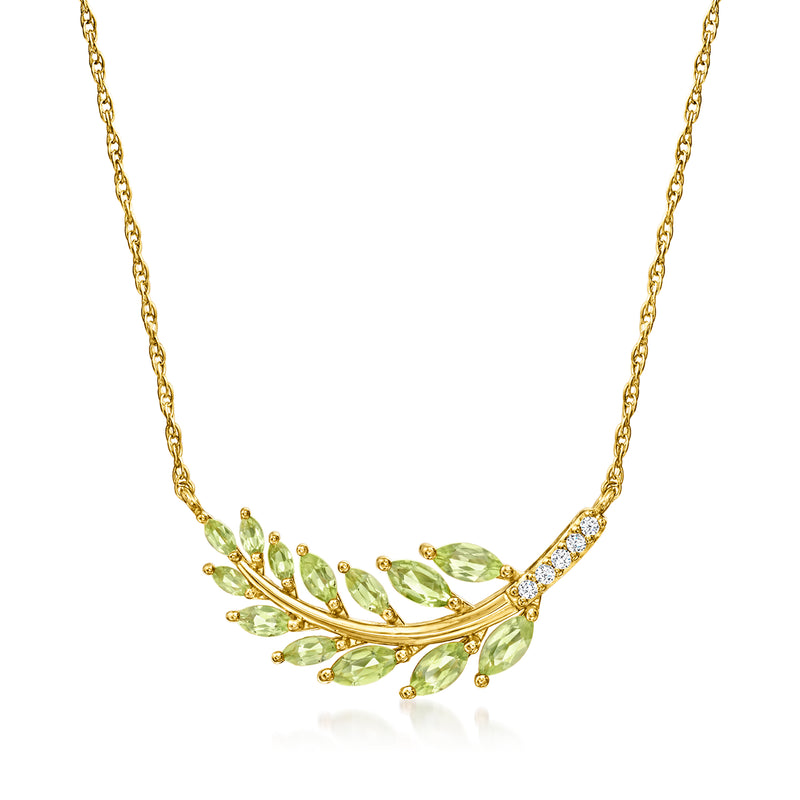 Gold leaf peridot and diamond necklace with marquise green stones on a chain