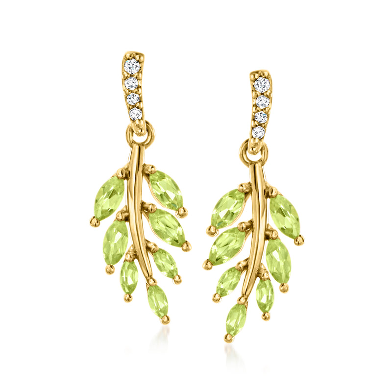 Gold leaf drop earrings with pear peridot stones and small diamond accents
