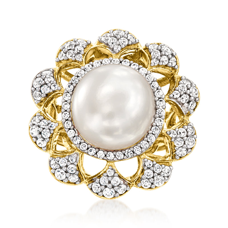 Gold-tone ring with round white cultured pearl and white stone halo