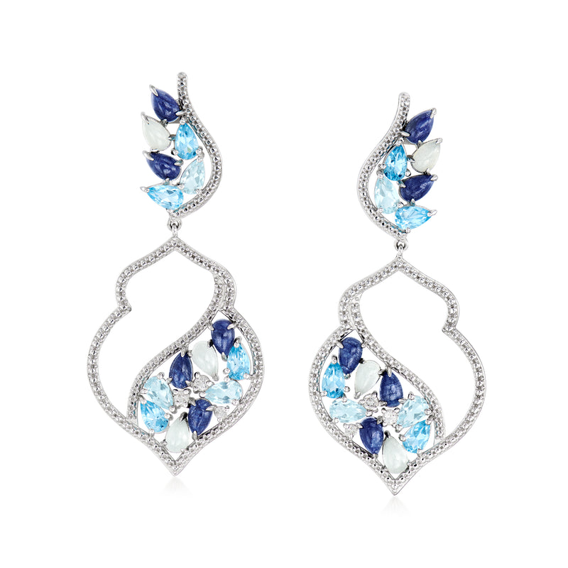 Sterling silver drop earrings with blue and light-blue gemstones in a geometric cluster.