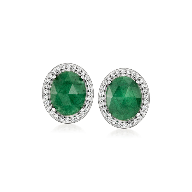 Sterling silver post earrings with oval green emerald gemstones and diamond-like halo