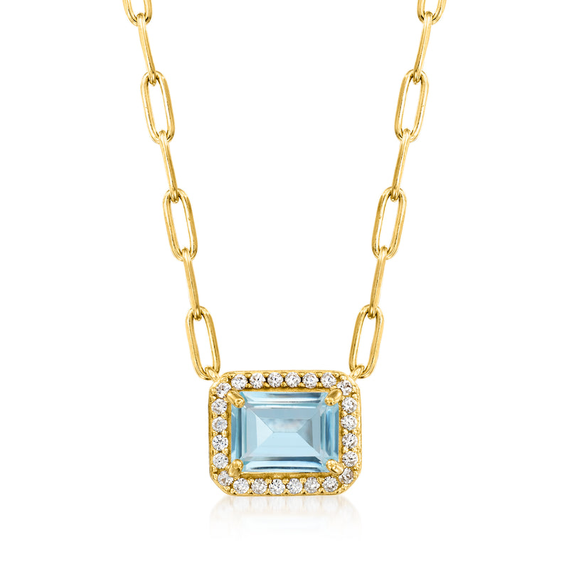 Gold paperclip link necklace with square sky-blue topaz pendant and diamond halo.
