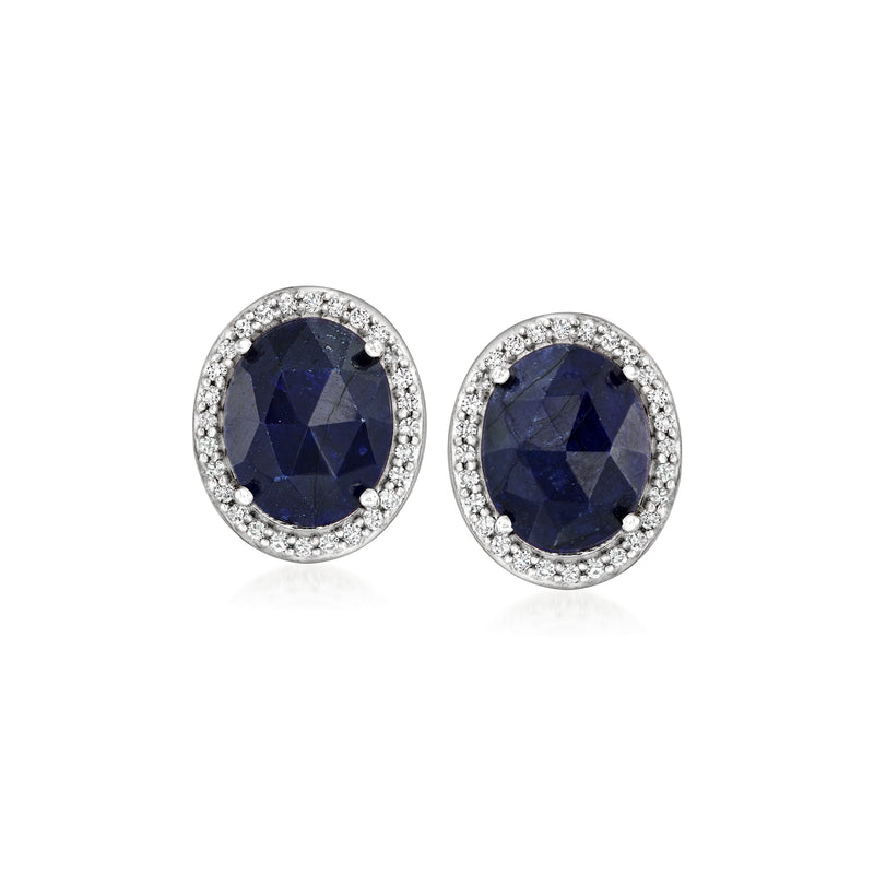 Sterling silver sapphire stud earrings with round blue center stones and halo
