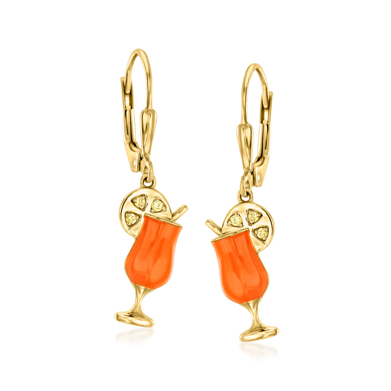Gold over sterling leverback drop earrings with orange enamel tropical drink charm