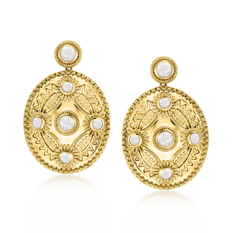 Textured gold drop earrings with white cultured pearls in an Etruscan-style oval