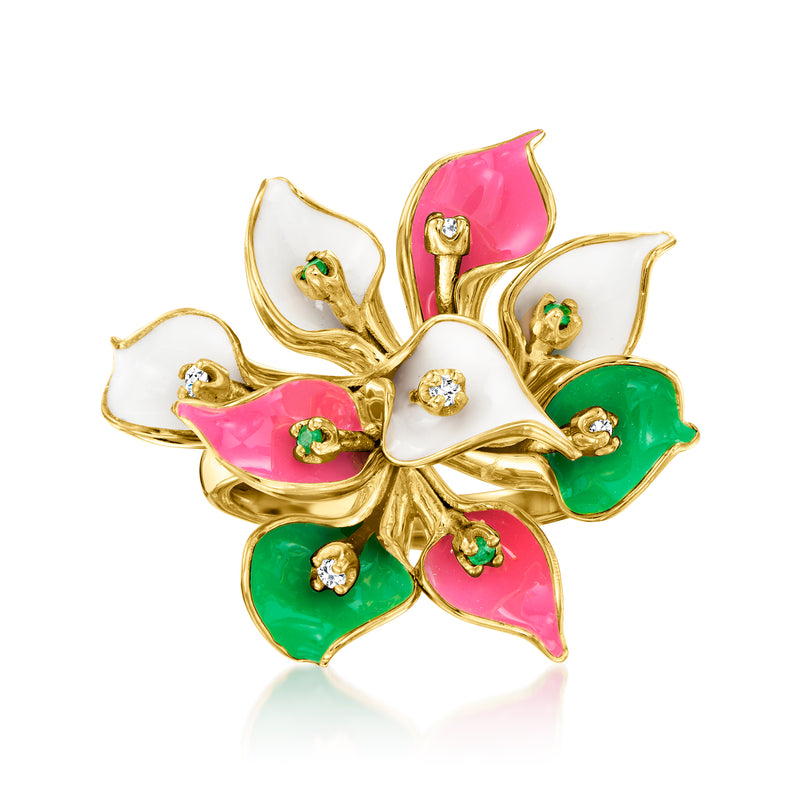 Multicolor enamel flower ring in gold tone with green and pink petals and clear stones