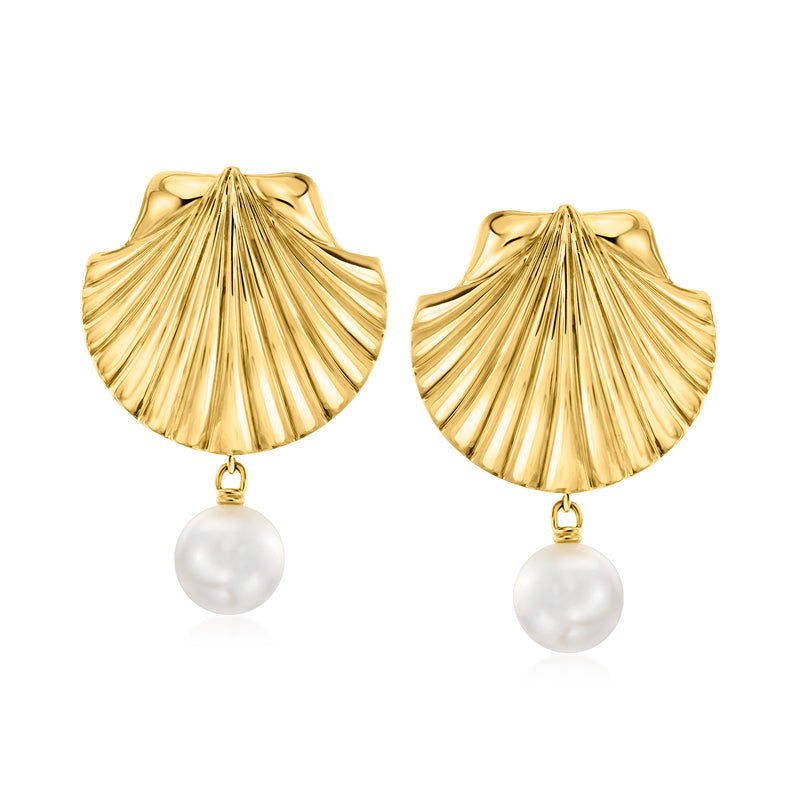 Gold scallop-shell drop earrings with white pearl dangles, 18kt over sterling look.