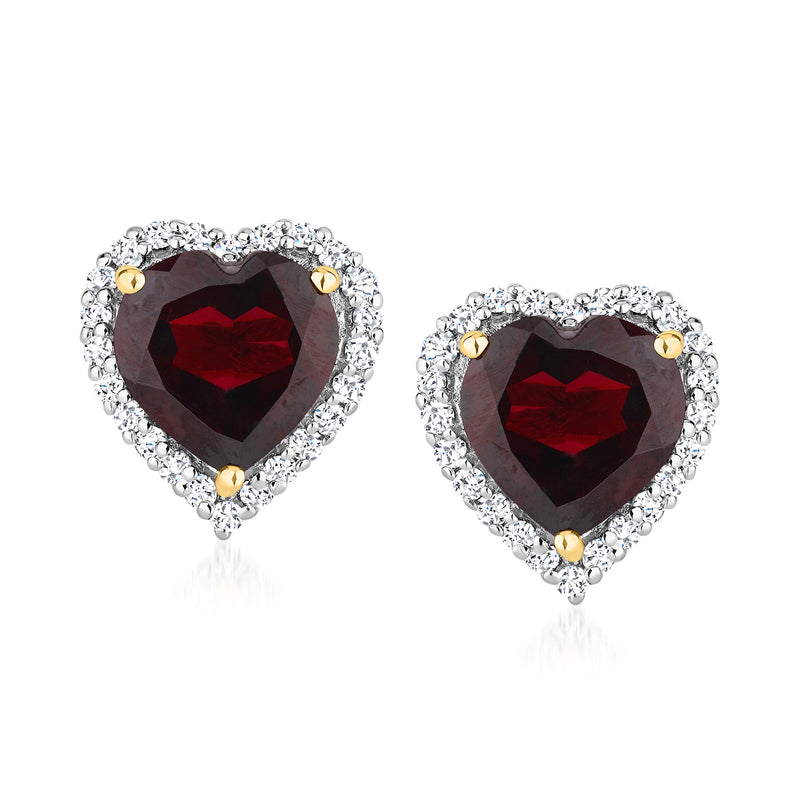 Heart stud earrings with red garnet centers, white topaz halo, and gold posts