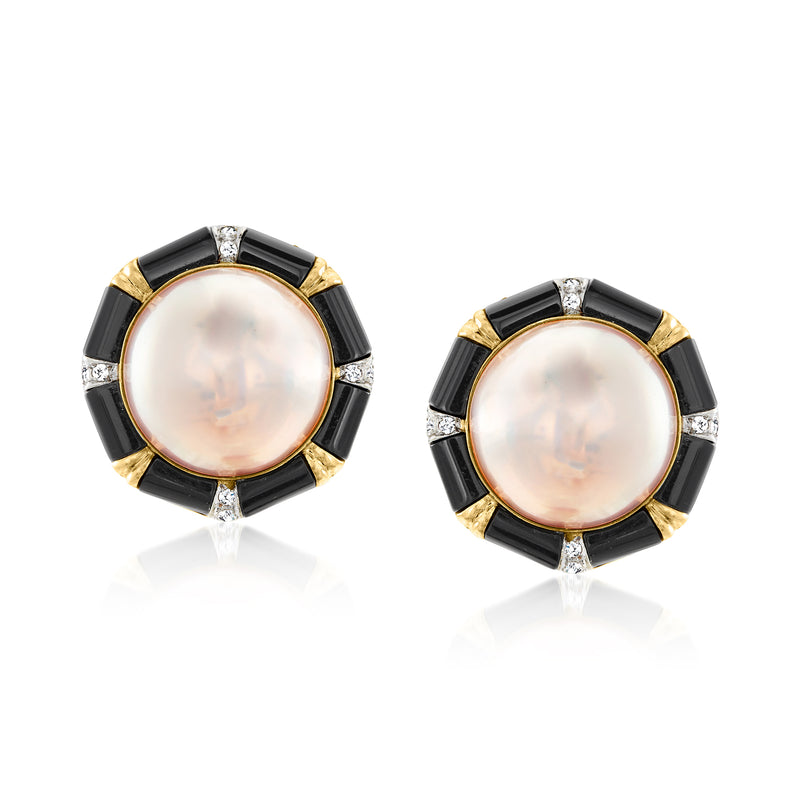 Vintage mabe pearl onyx diamond earrings in 14kt yellow gold, gold scalloped frame