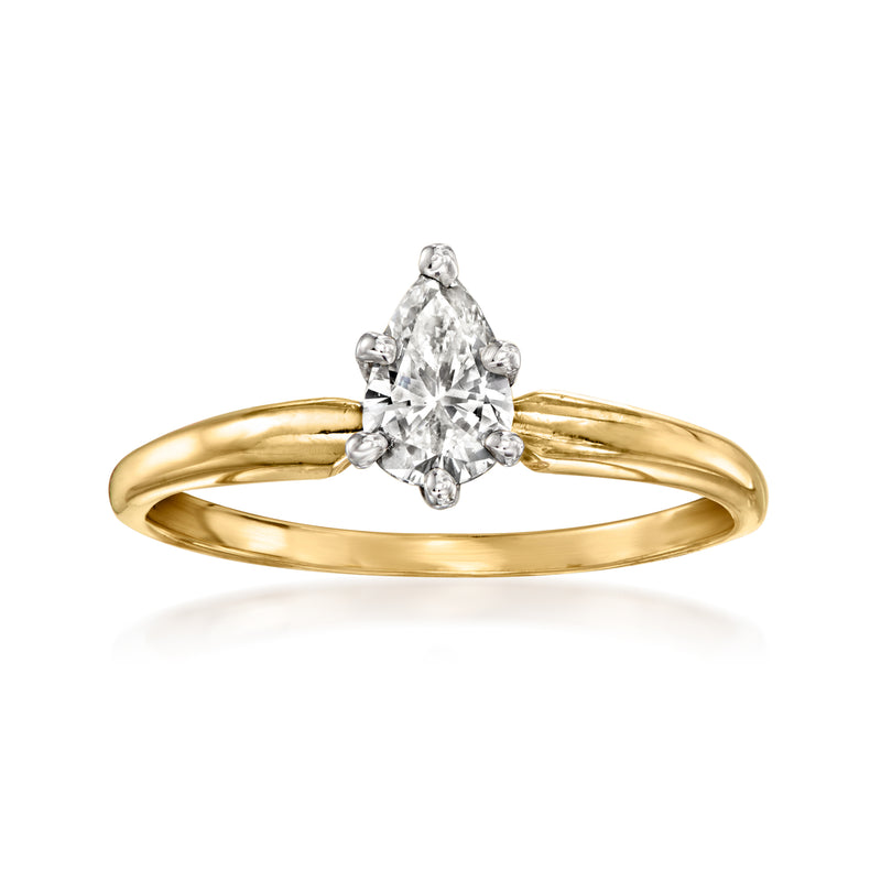 Pear-shaped diamond ring in 14kt yellow gold with clear center stone and prongs