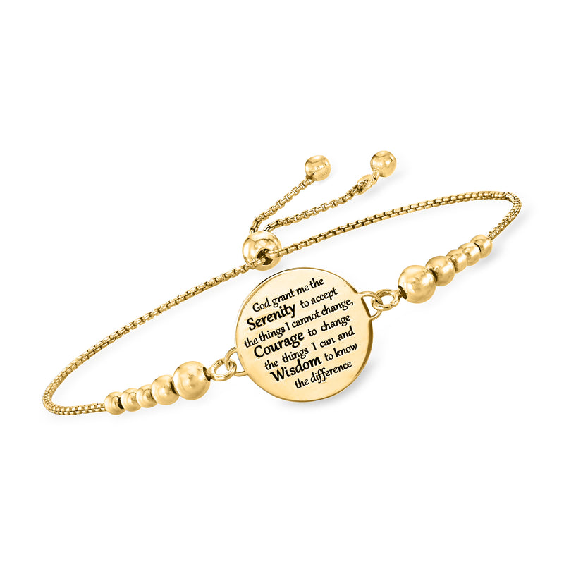 Gold-tone bolo bracelet with round engraved Serenity Prayer charm and small bead accents