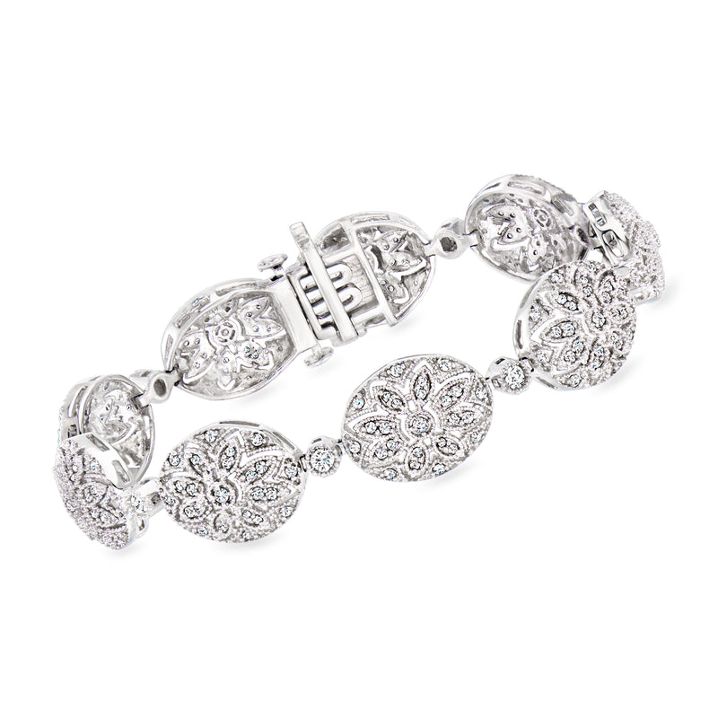 Sterling silver diamond flower oval-link bracelet with sparkling oval links and clasp