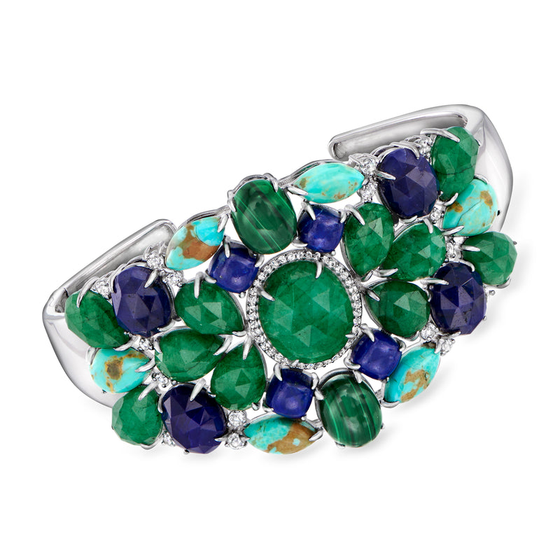 Sterling silver cuff bracelet with green, blue, and turquoise oval gemstones