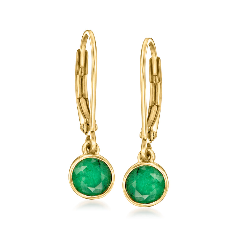 Gold leverback drop earrings with green bezel-set emerald gemstones
