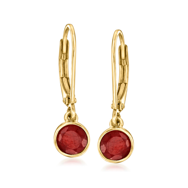 Gold leverback drop earrings with bezel-set round ruby stones, red.