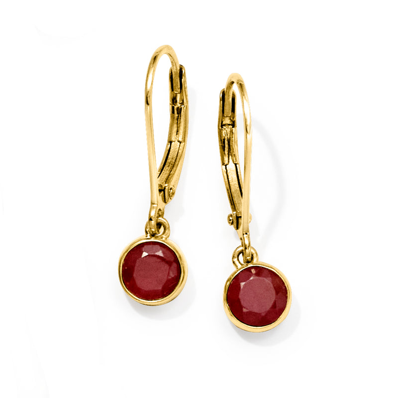 Gold leverback drop earrings with round red ruby stones in bezel settings.