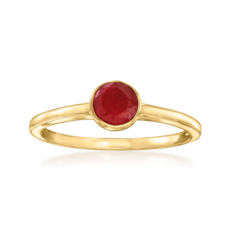 Gold over sterling bezel-set ruby ring with round red stone and slim band