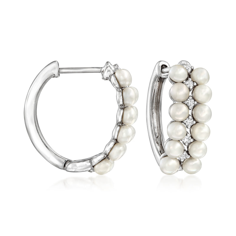Sterling silver hoop earrings with clustered round cultured pearls and small clear stones