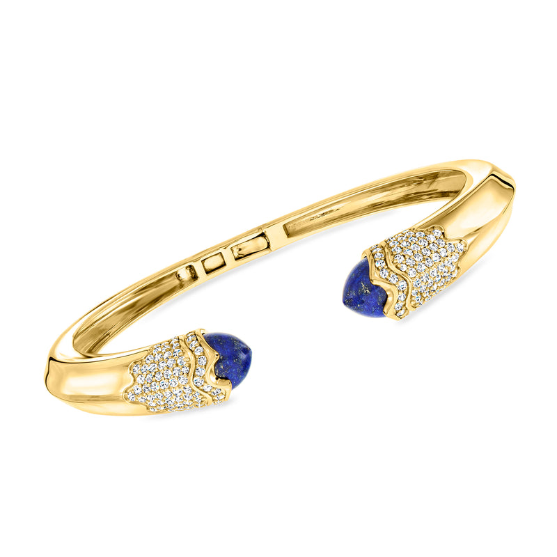 Gold cuff bracelet with blue lapis stones and white sparkle accents