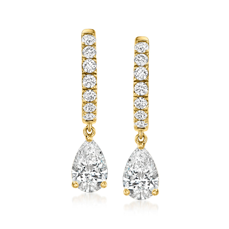 14k yellow gold hoop drop earrings with round diamond row and pear-shaped drops
