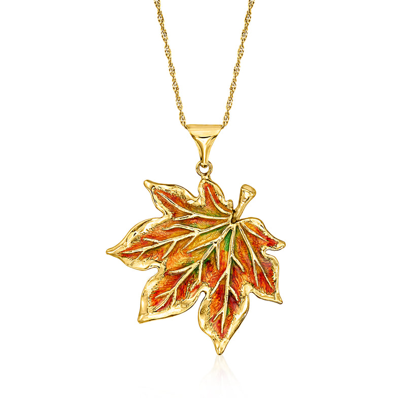 Gold pendant necklace with multicolored enamel maple leaf and thin chain