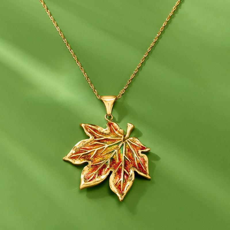 Gold pendant necklace with multicolored enamel maple leaf and small loop bail