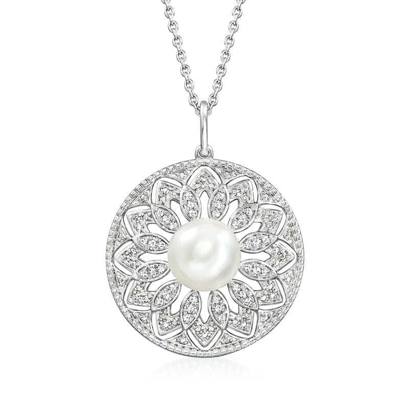 Sterling silver circle pendant necklace with cultured pearl center and diamond halo