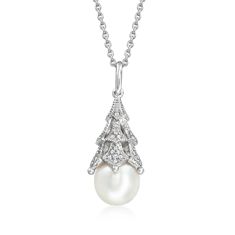 Sterling silver pendant necklace with teardrop cultured pearl and diamond-accented openwork frame