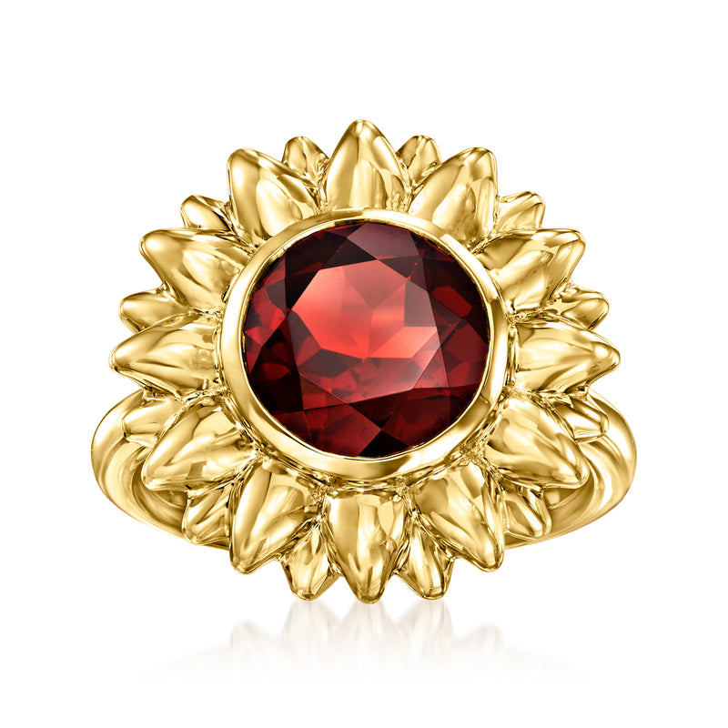 Gold over sterling garnet flower ring, round red gemstone in ornate floral setting