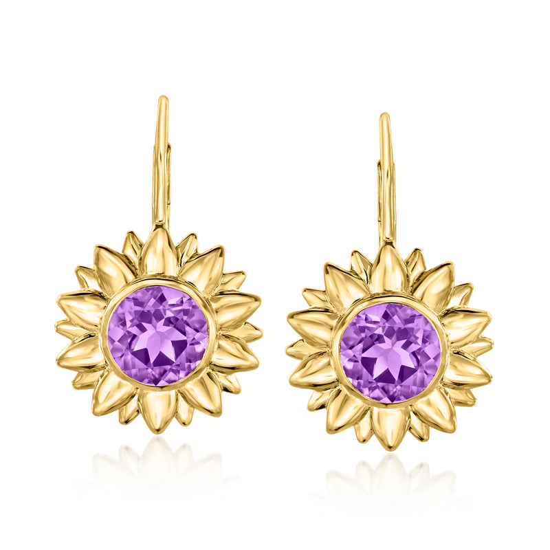 Gold flower drop earrings with round purple amethyst gemstone, leverback style