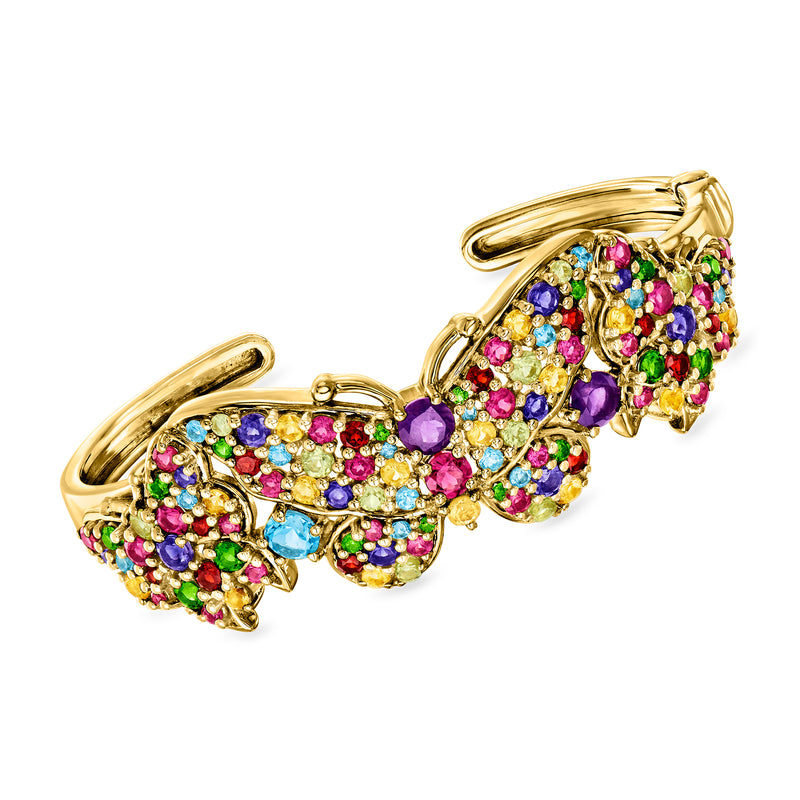 Gold-tone multi-gem butterfly cuff bracelet with colorful clustered stones