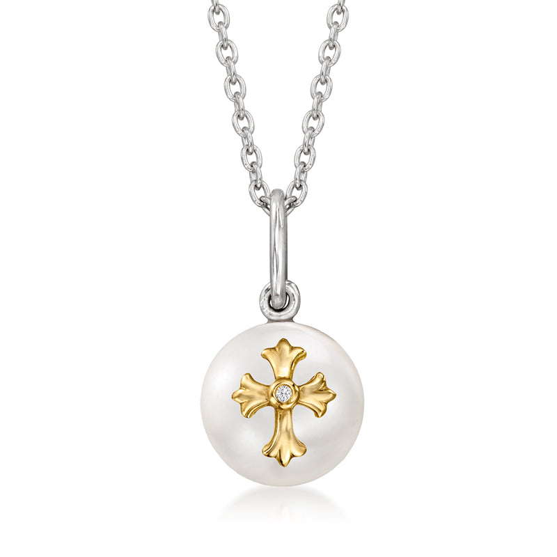 Cultured pearl cross pendant necklace with gold cross and single diamond on silver bail