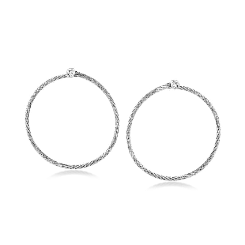 Twisted cable hoop earrings in silver tone with small diamond studs