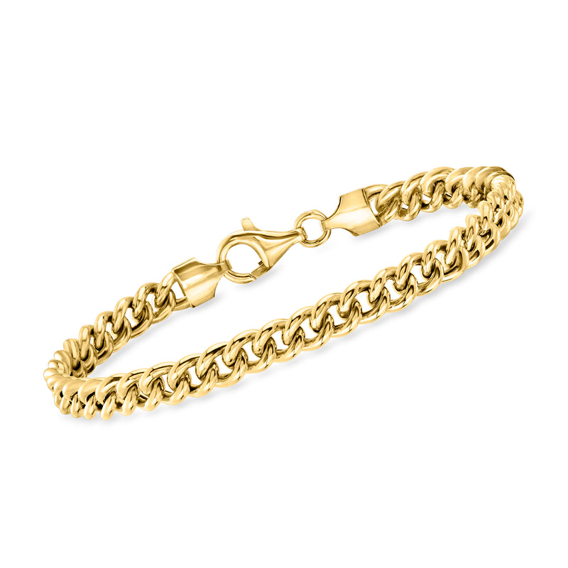 Gold curb-link bracelet with polished chain links and clasp closure
