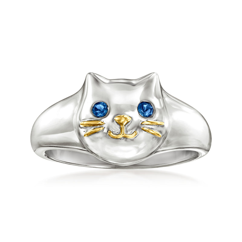 Sterling silver cat ring with blue gemstones and gold-tone whisker accents